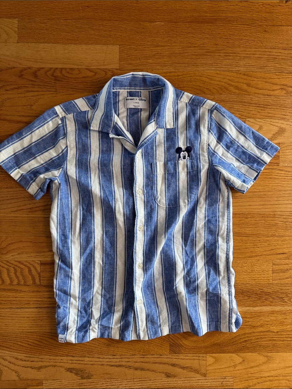 Old Navy Disney Blue and White Striped Short-Sleeve Button-Down Shirt